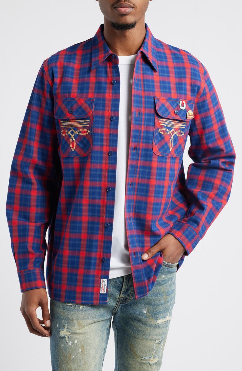 Billionaire Boys Club Dust Embroidered Plaid Flannel Button-Up Shirt, Main, color, Racing Red