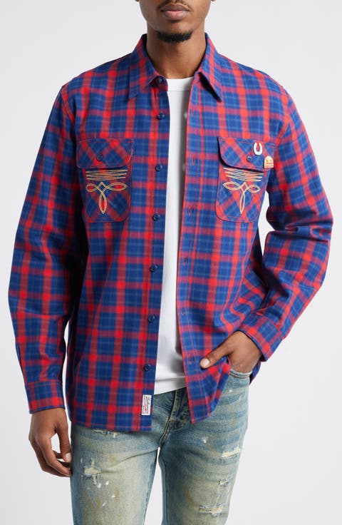 Dust Embroidered Plaid Flannel Button-Up Shirt