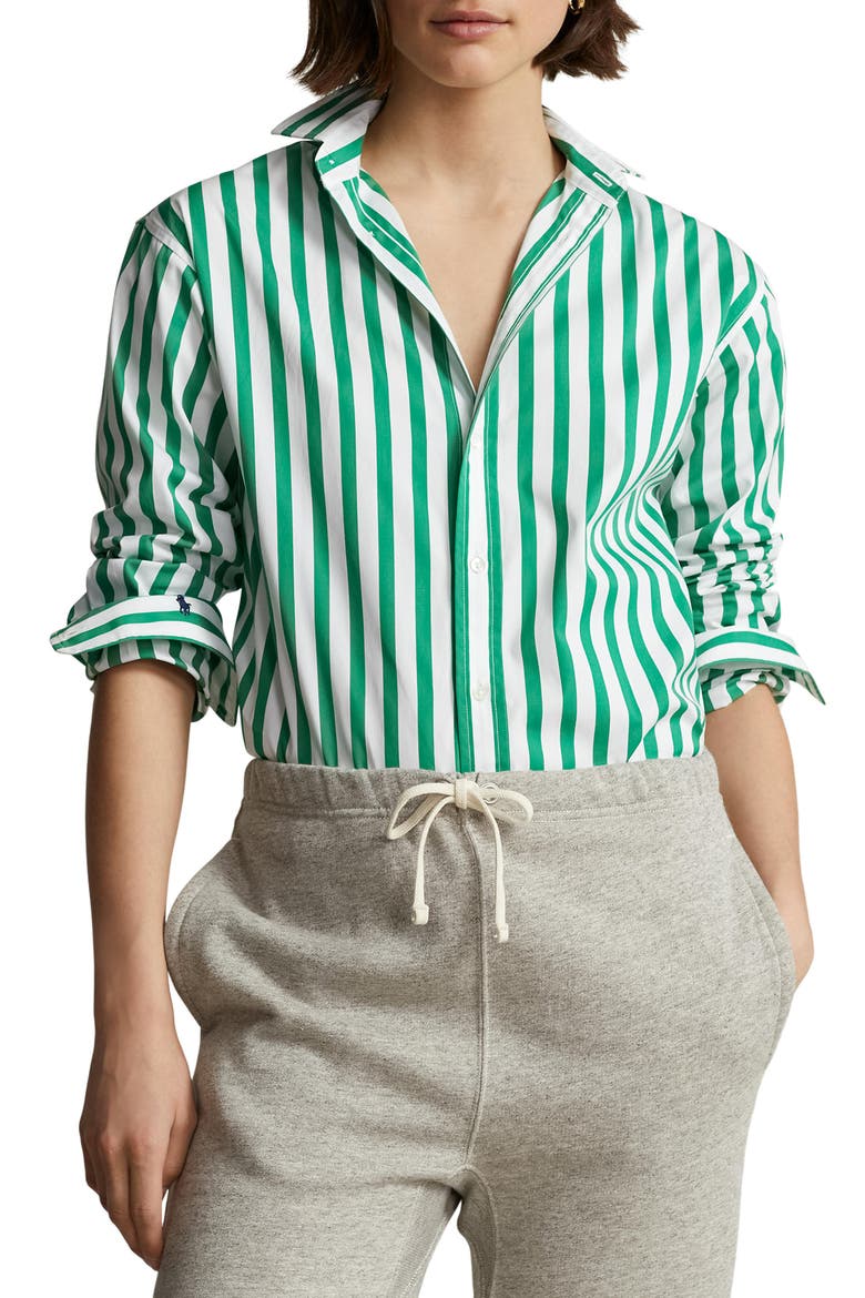 Stripe Cotton Button-Up Shirt, Main, color, GREEN/ WHITE STRIPE