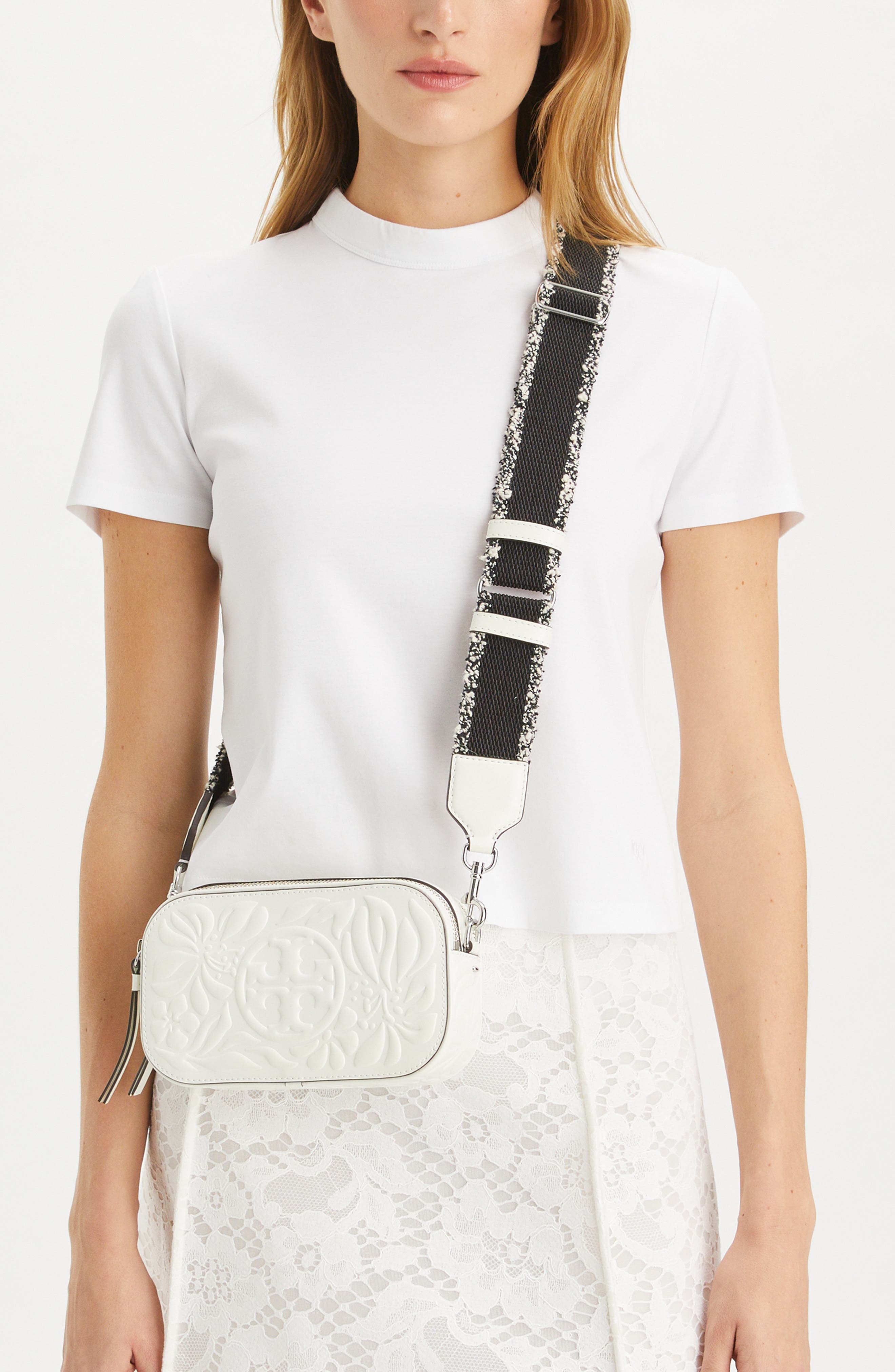 Tory Burch Miller Floral Embossed Mini Leather Crossbody Bag, Alternate, color, 