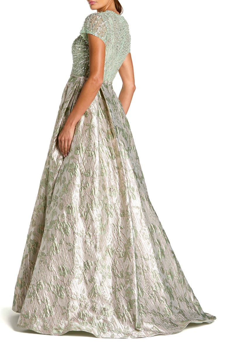 Mac Duggal Beaded Cap Sleeve Ball Gown with Metallic Brocade Skirt, Alternate, color, Sage