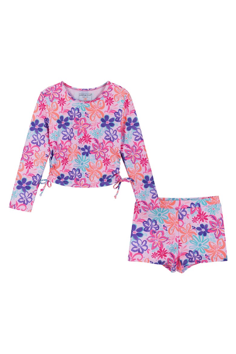 Kids" Tropical Floral Long Sleeve Two-Piece Rashguard Swimsuit, Main, color, PURPLE TROPIC