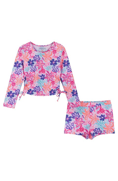Kids" Tropical Floral Long Sleeve Two-Piece Rashguard Swimsuit (Little Kid)