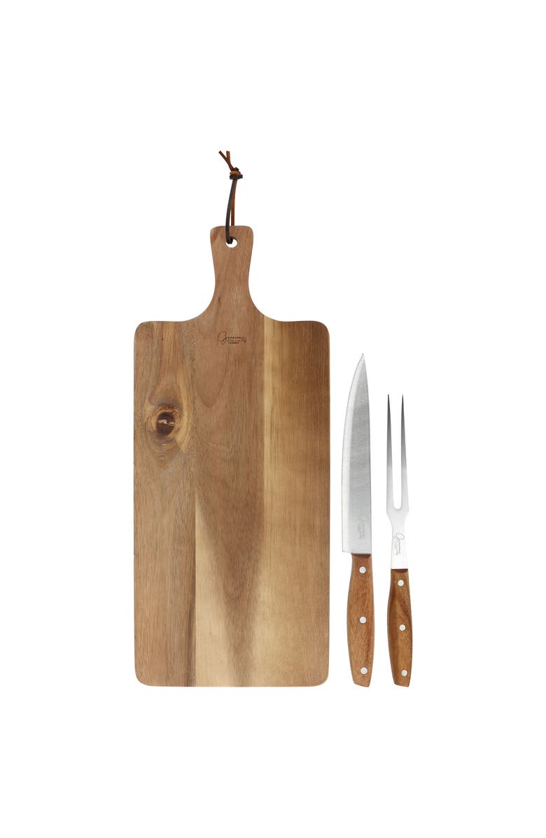 Gibson Elite 3 Piece Acacia Wood Serving Board with Carving Knife and Fork, Main, color, Brown