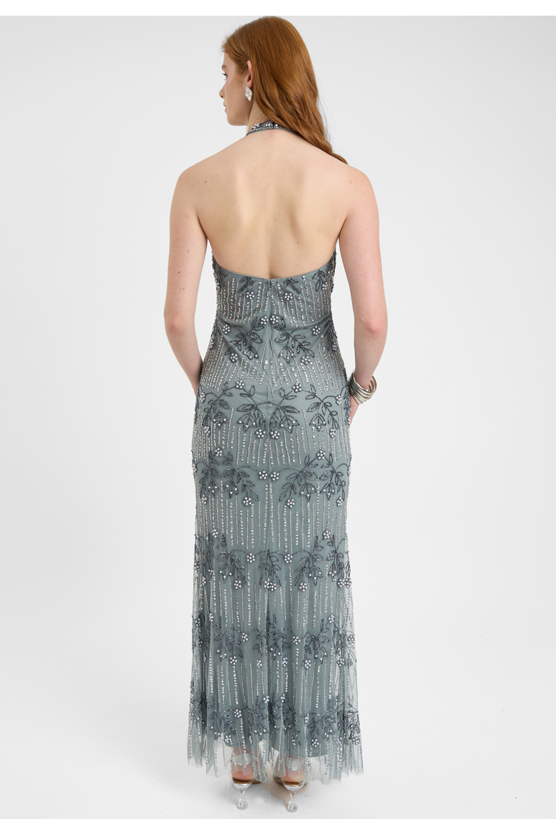 Embellished Sequin Beaded Maxi Dress With Knot Design, Alternate, color, MISTY GREY