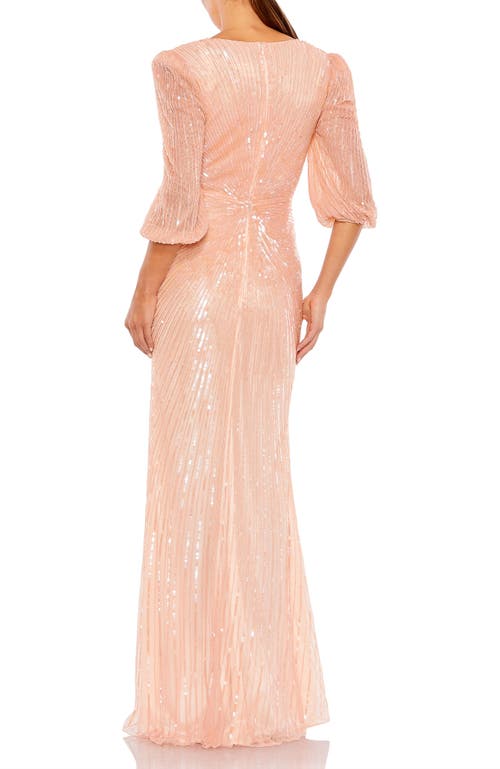 Mac Duggal Sequined Tiered Wrap Over Puff Sleeve Gown In Peach