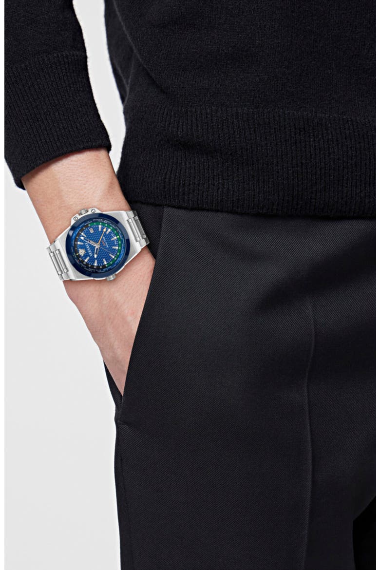 Greca Reaction GMT Bracelet Watch, 44mm, Alternate, color, STEEL/BLUE