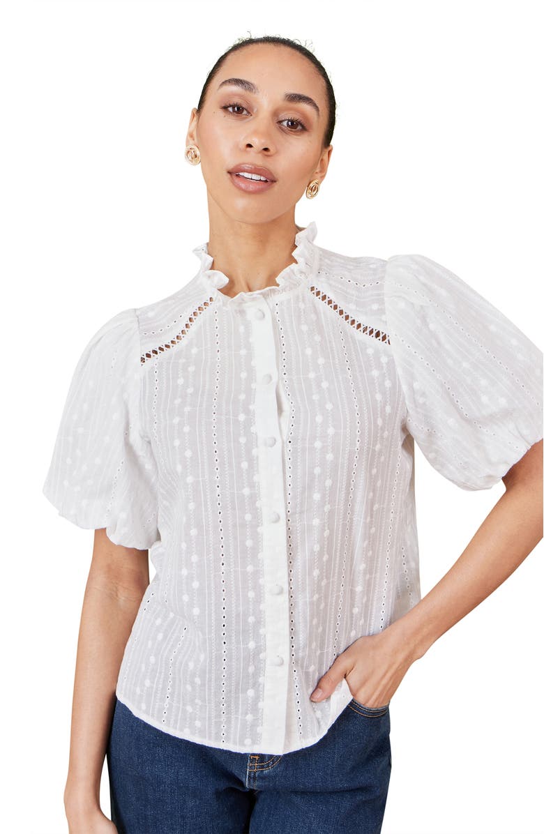 Yumi Broderie Anglaise Puff Sleeve Shirt, Main, color, White
