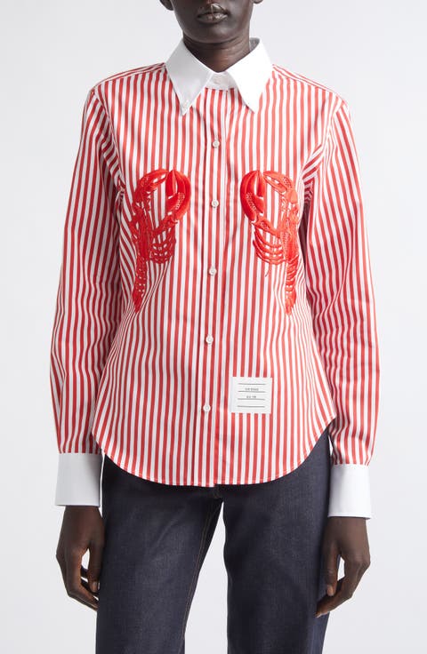 Lobster Embroidered Stripe Cotton Poplin Button-Down Shirt