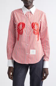 Thom Browne Lobster Embroidered Stripe Cotton Poplin Button-Down Shirt