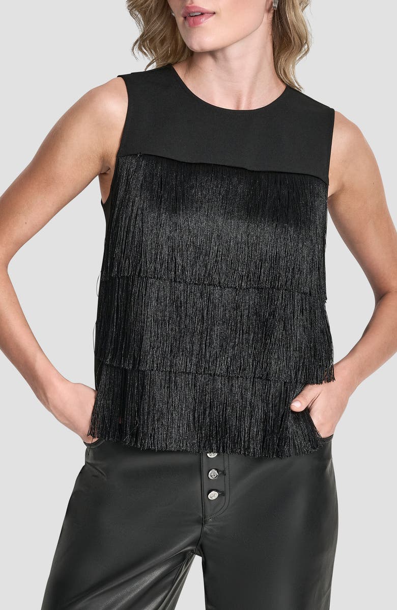 DKNY Tiered Fringe Top, Main, color, Black