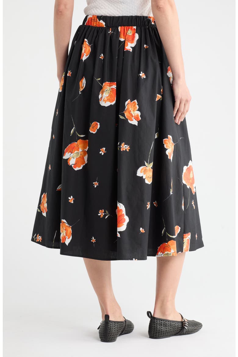 Floral Print Stretch Cotton Midi Skirt, Alternate, color, BLACK