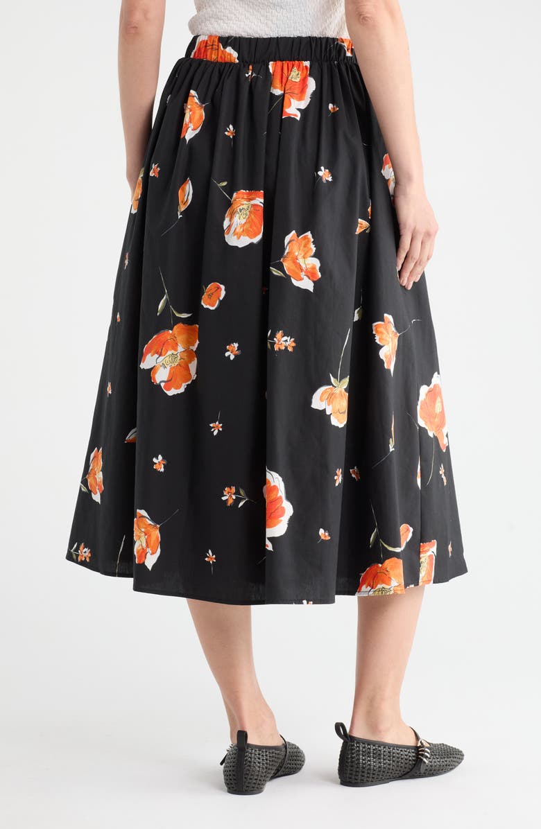 Renee C Floral Print Stretch Cotton Midi Skirt, Alternate, color, Black
