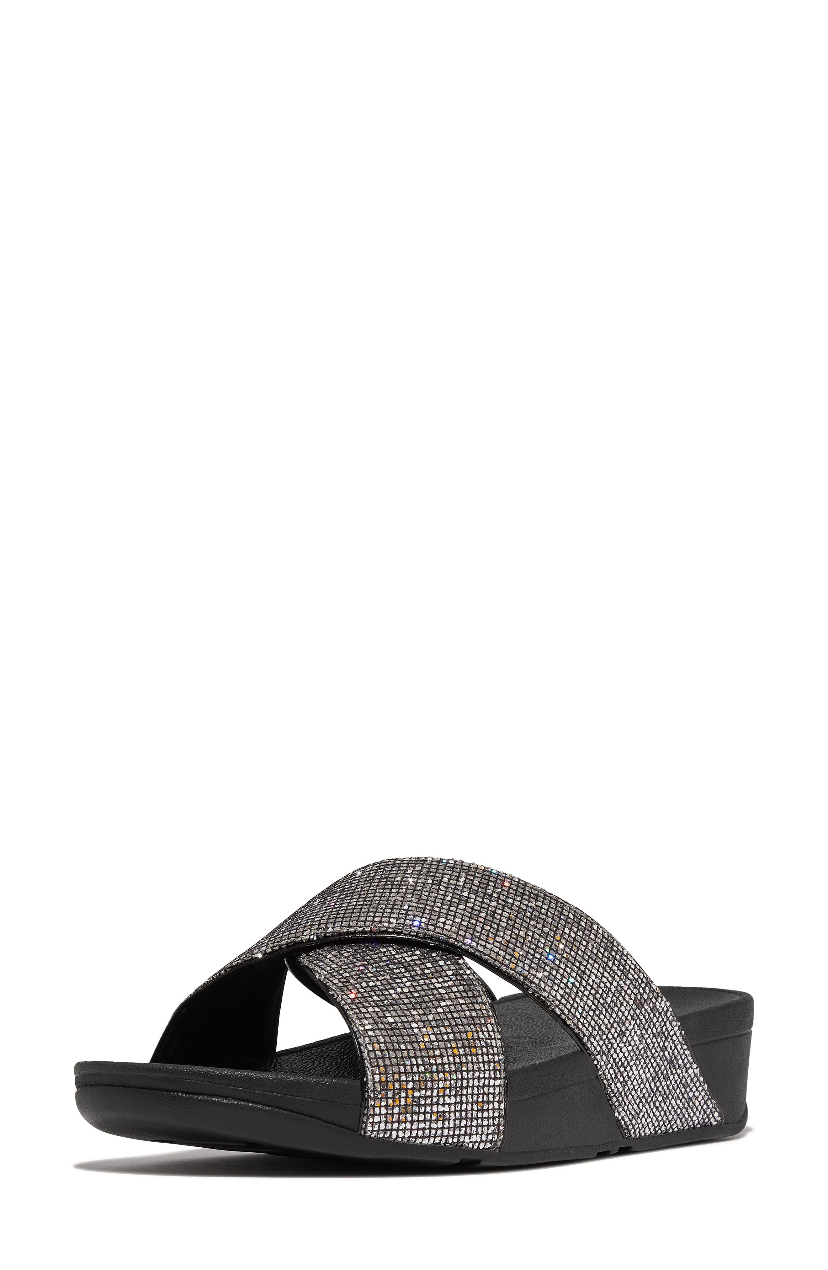 FitFlop Lulu Glitterball Platform Wedge Slide Sandal, Alternate, color, Silver