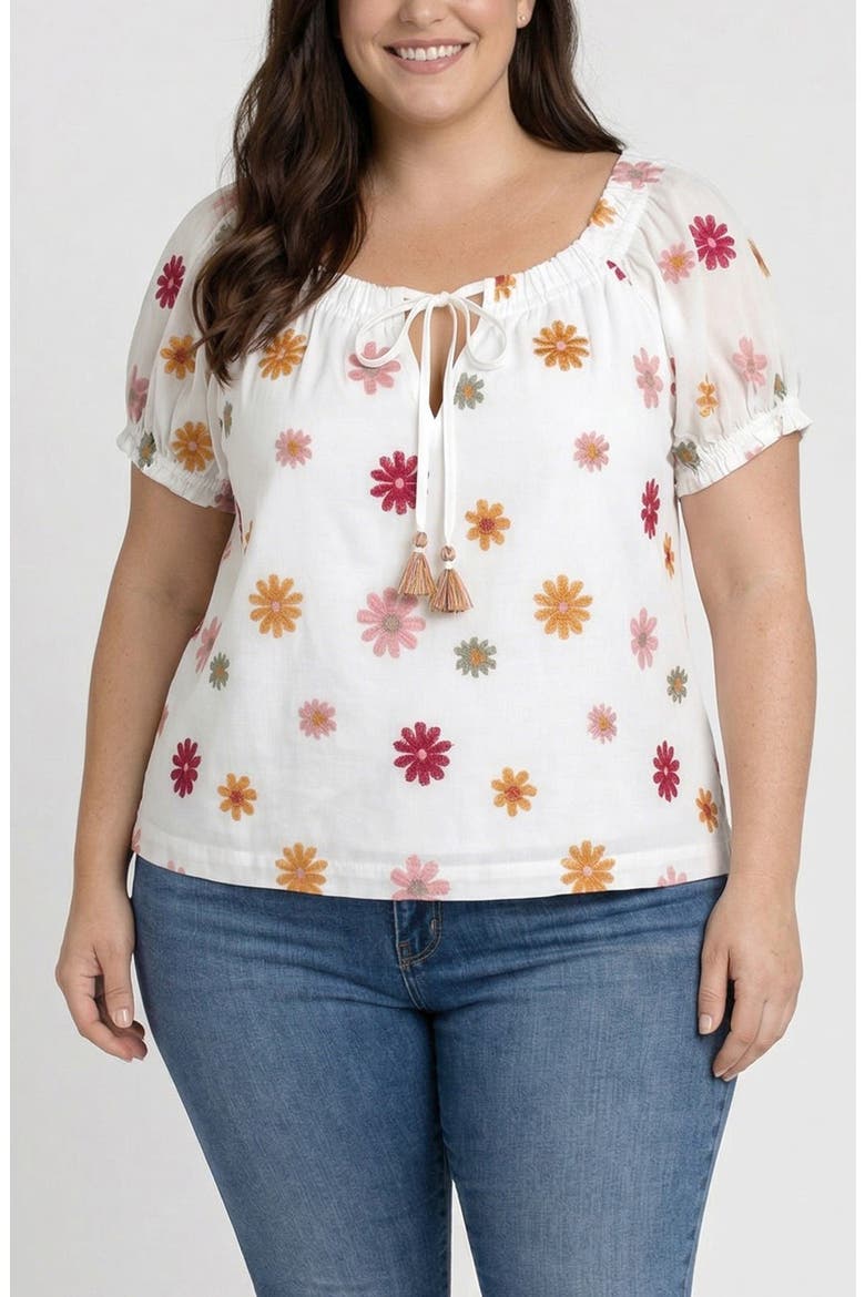 Embroidered Tie Neck Top, Main, color, WHITE MLT FLWR