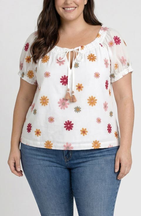 Embroidered Tie Neck Top (Plus)