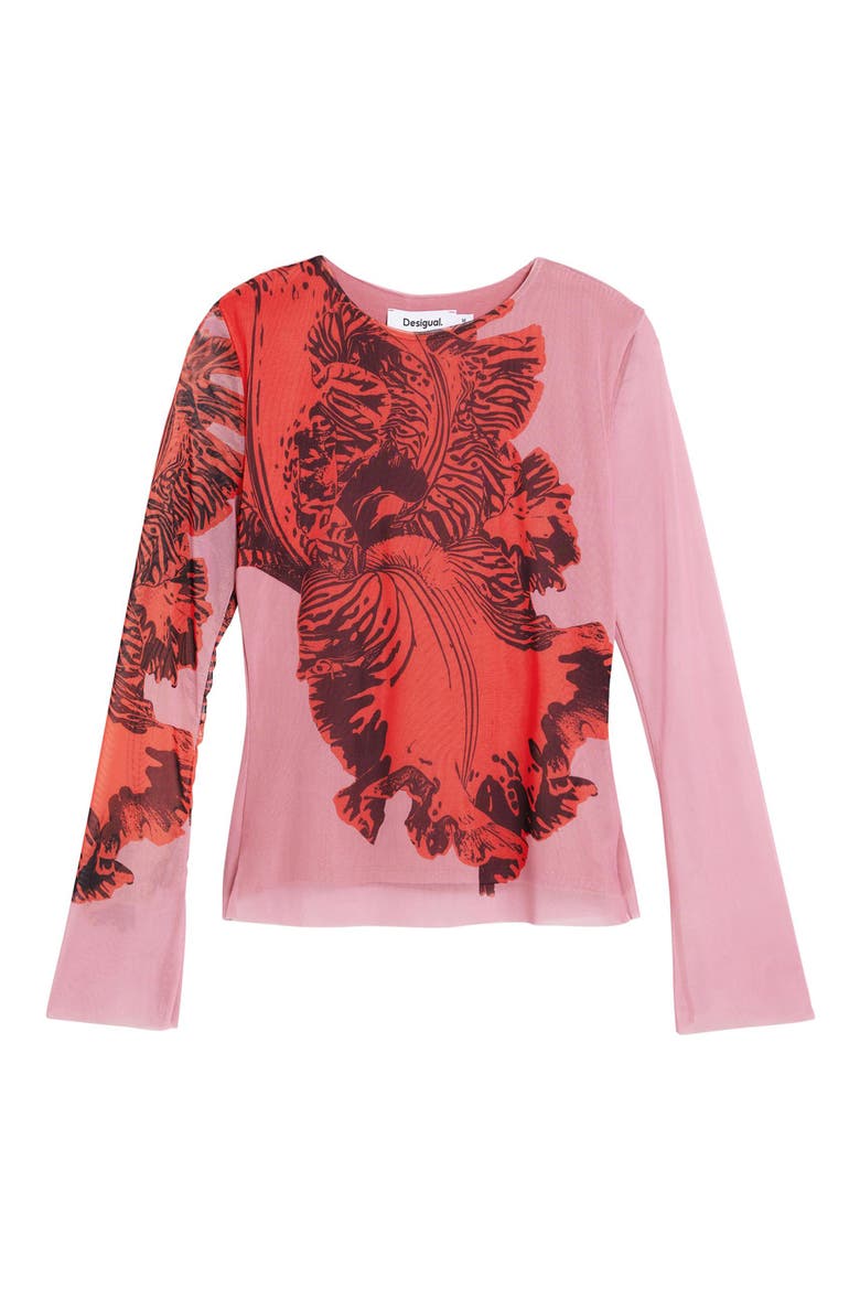Printed Stretch Mesh T-Shirt, Alternate, color, PINK
