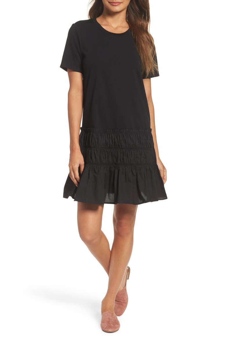 Smocked T-Shirt Dress, Main, color, BLACK