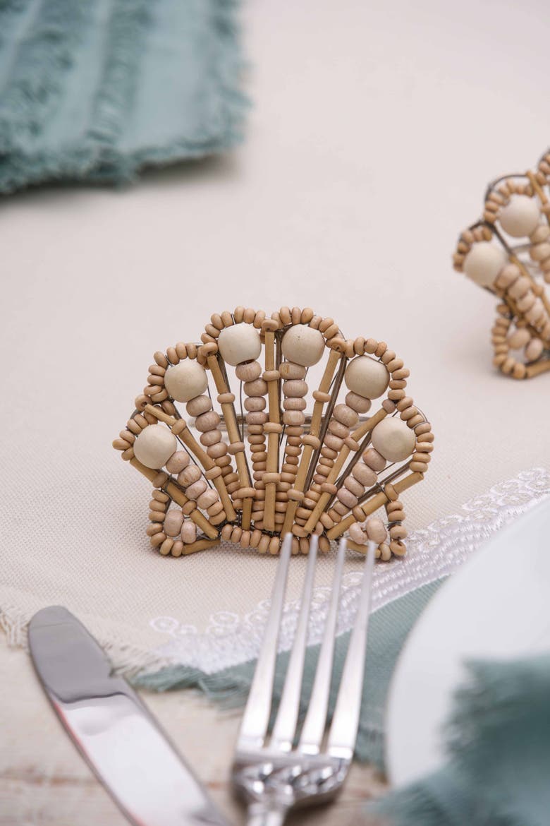 Shell Napkin Ring Set of 4 - Wood and Metal, Alternate, color, Beige