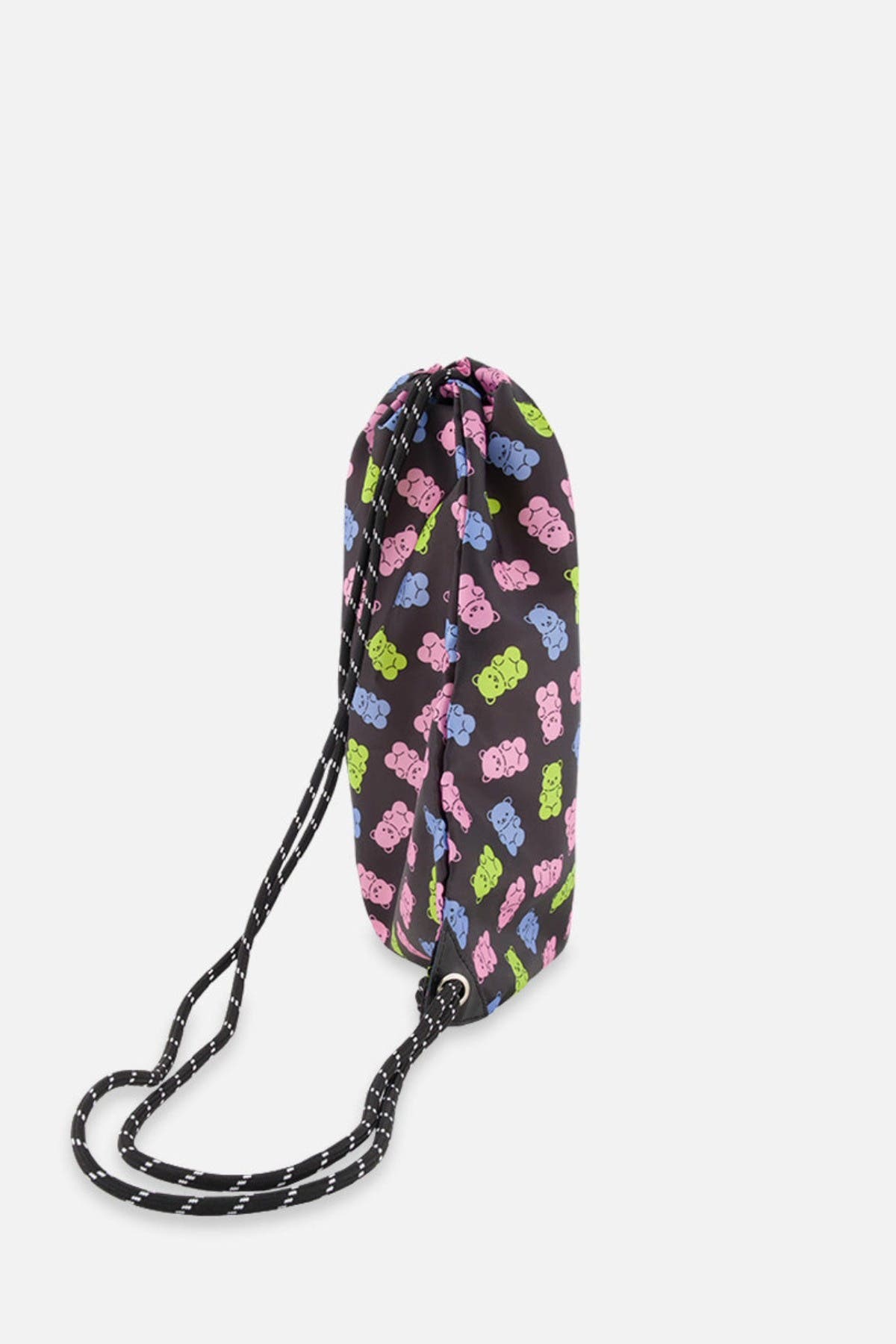 Deux par Deux Gummy Bears Lightweight Durable Drawstring Bag, Alternate, color, Black Printed Gummy Bears