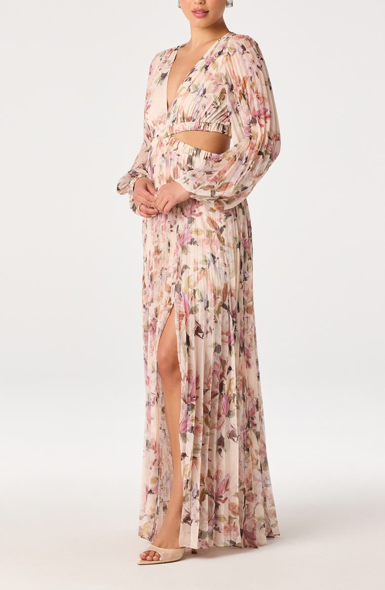 ASTR the Label Revery Floral Pleated Cutout Long Sleeve Maxi Dress, Alternate, color, Yellow Pink Floral