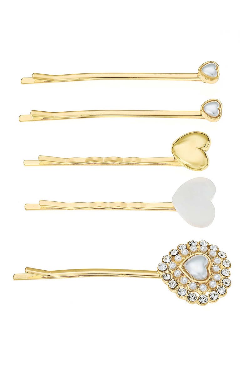 Assorted 5-Pack Crystal & Imitation Pearl Heart Hair Pins, Main, color, GOLD