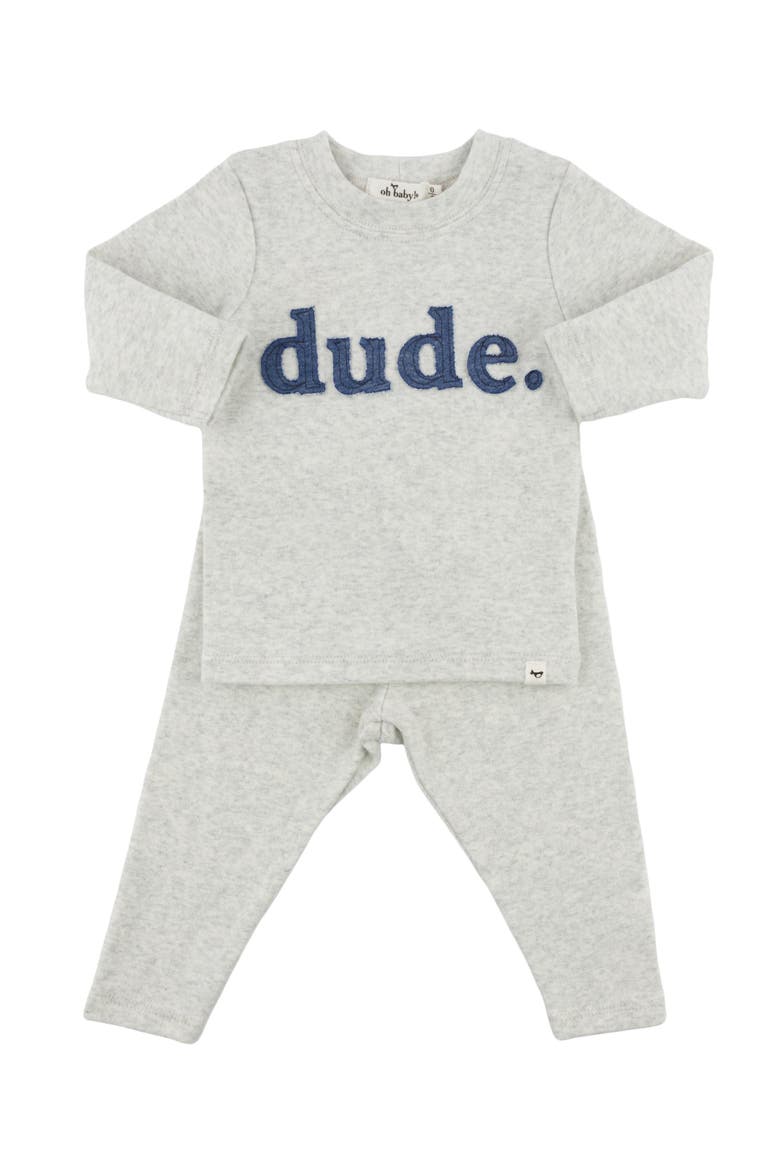 Denim "dude" Ribbed Applique Long Sleeve Two Piece Set, Main, color, Heather Grey