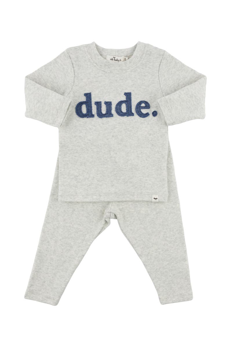 oh baby! Denim "dude" Ribbed Applique Long Sleeve Two Piece Set, Main, color, Heather Grey