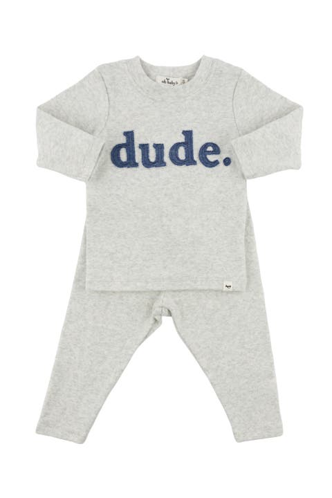 Denim "dude" Ribbed Applique Long Sleeve Two Piece Set