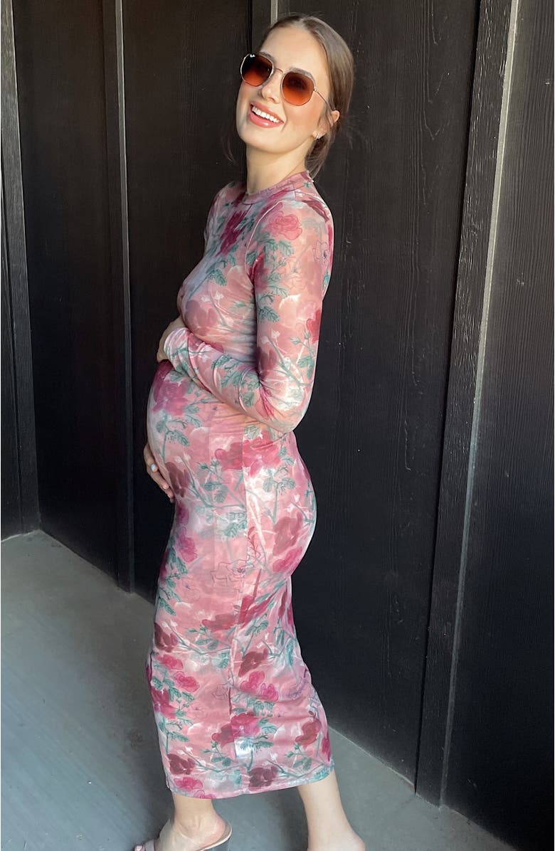 PinkBlush Floral Printed Mesh Overlay Maxi Dress, Alternate, color, Mauve