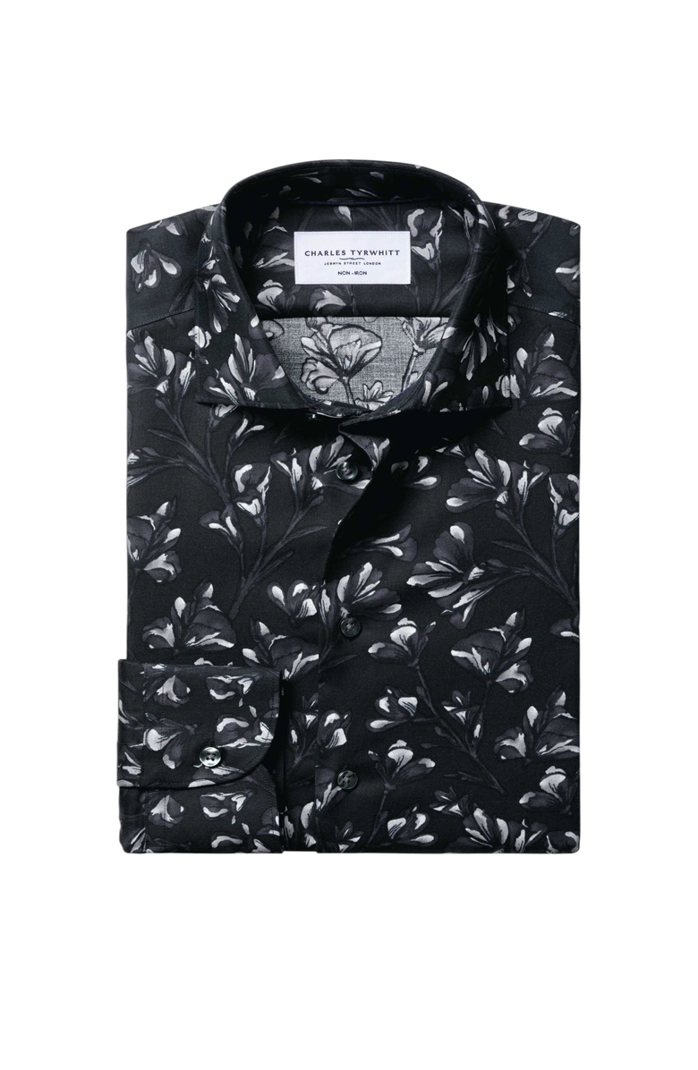 Charles Tyrwhitt Non-Iron Stretch Floral Print Shirt, Alternate, color, Black