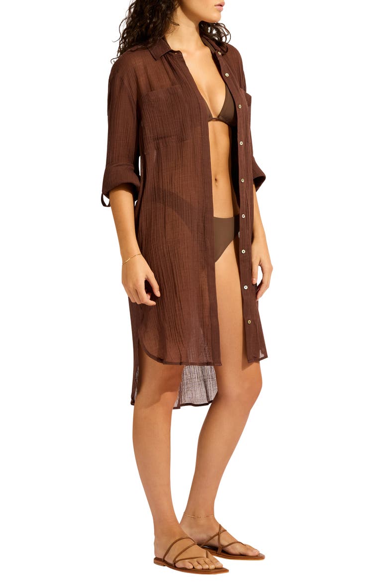 Crinkle Twill Cover-Up Beach Shirt, Alternate, color, DARK CHOCOLATE