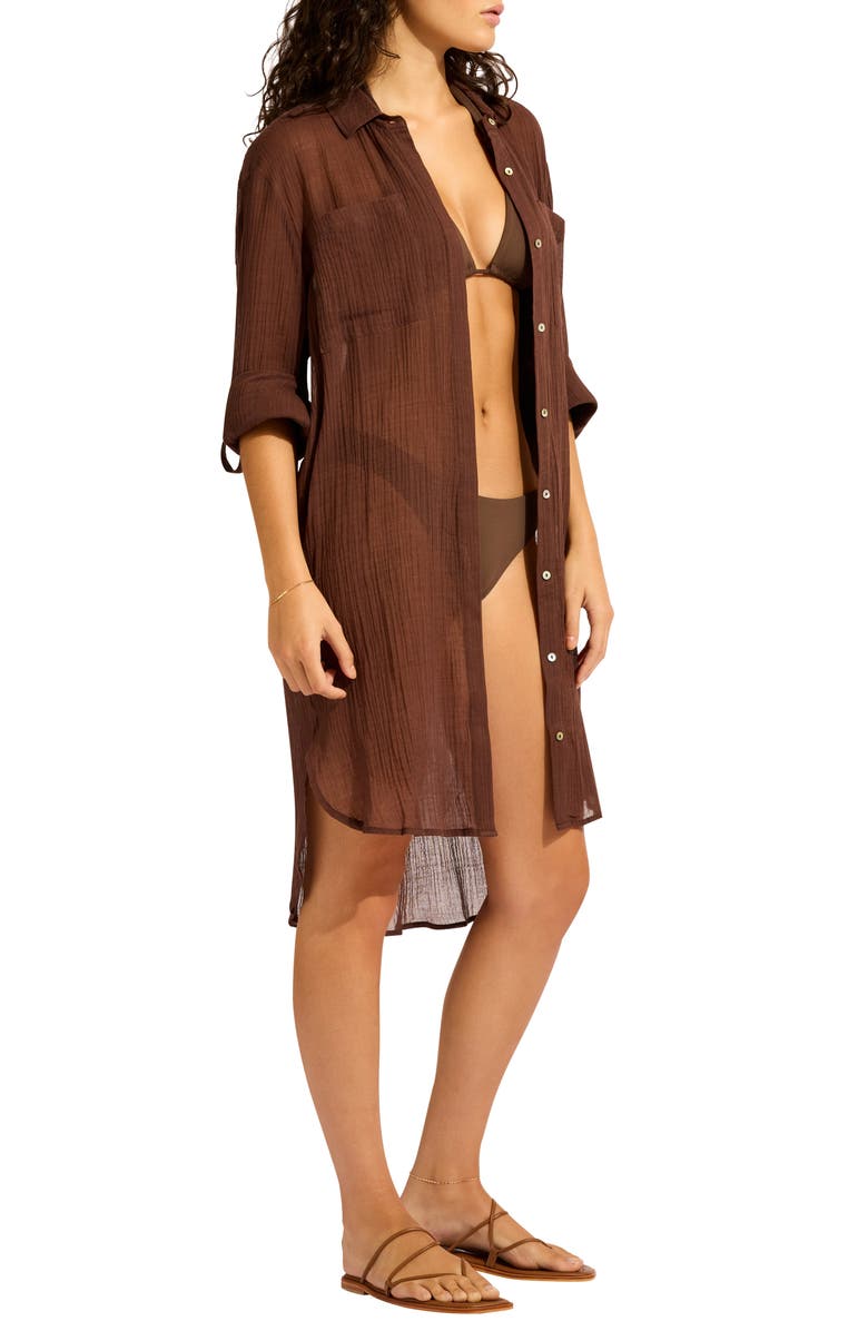 Seafolly Crinkle Twill Cover-Up Beach Shirt, Alternate, color, Dark Chocolate