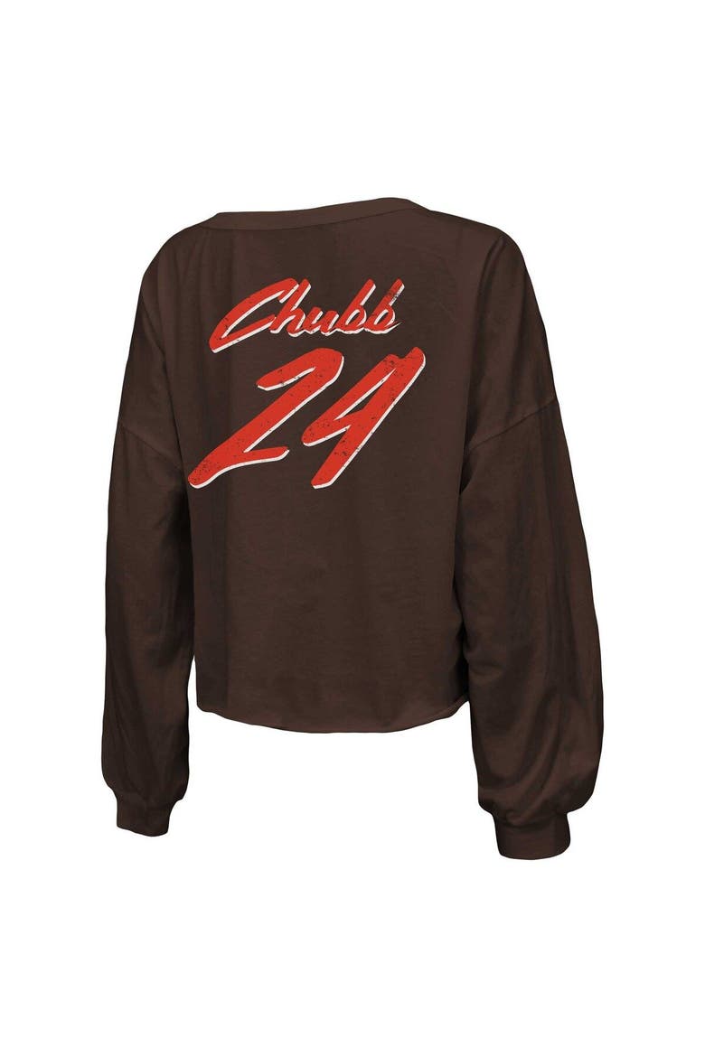 Women's Majestic Threads Nick Chubb Brown Cleveland Browns Name & Number Off-Shoulder Script Cropped Long Sleeve V-Neck T-Shirt, Alternate, color, Brown