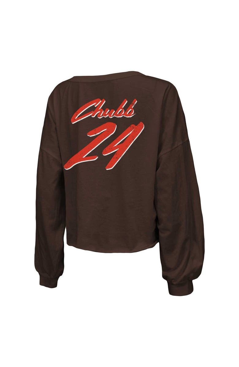 Majestic Threads Women's Majestic Threads Nick Chubb Brown Cleveland Browns Name & Number Off-Shoulder Script Cropped Long Sleeve V-Neck T-Shirt, Alternate, color,