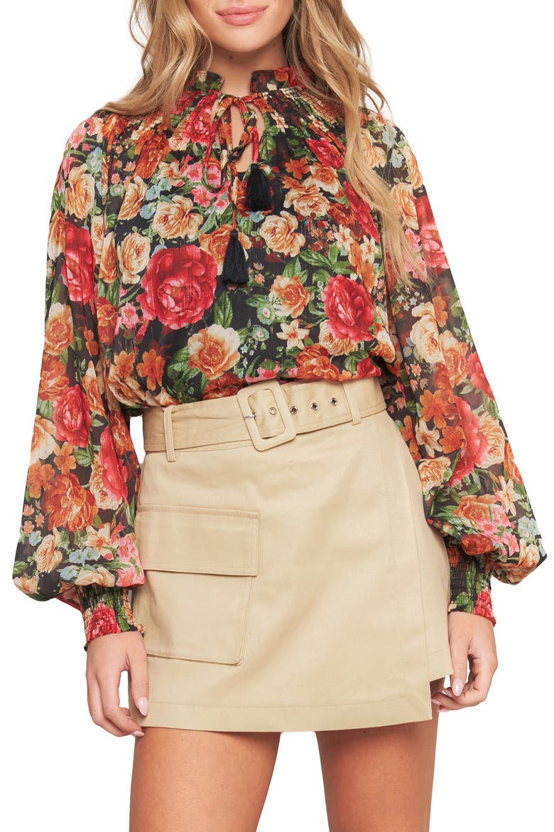 Floral Tie Neck Long Sleeve Top, Main, color, BLACK/RED