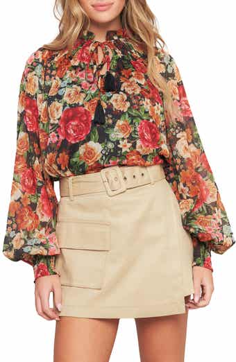 FLYING TOMATO Floral Tie Neck Long Sleeve Top