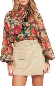 FLYING TOMATO Floral Tie Neck Long Sleeve Top