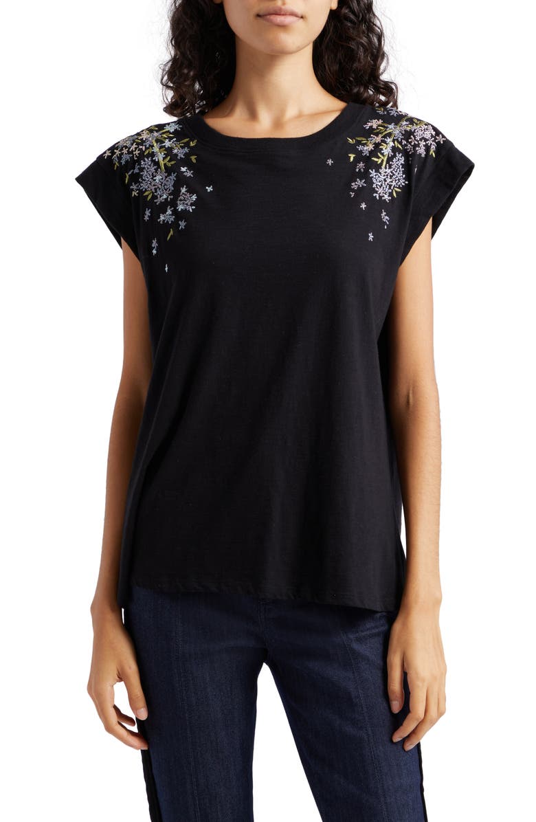 Cinq à Sept Bella Floral Embroidery Cap Sleeve T-Shirt, Main, color, 