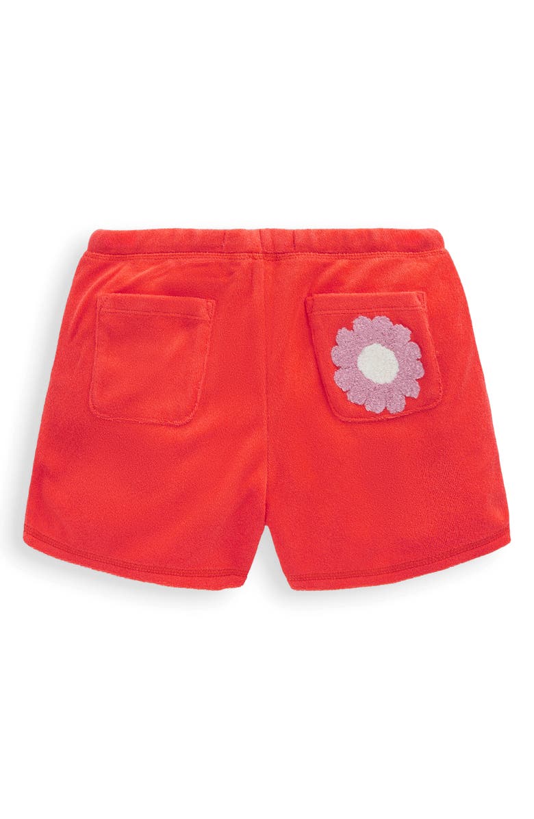 Mini Boden Kids' Floral Appliqué Terry Cloth Shorts, Alternate, color, Coral Orange Flowers