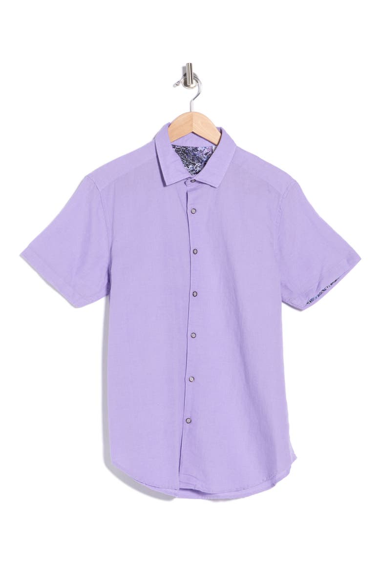 Davis Short Sleeve Linen Blend Button-Up Shirt, Alternate, color, PURPLE