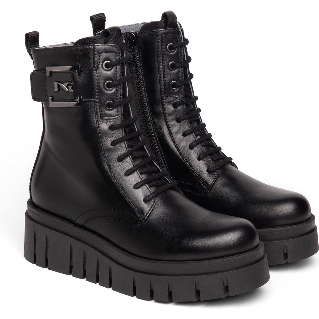 Nerogiardini Logo Plate Platform Wedge Bootie In Black