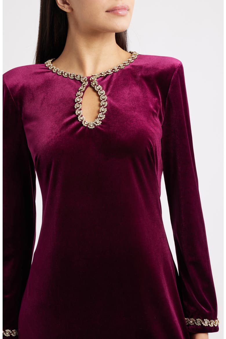 Beaded Keyhole Long Sleeve Velvet Dress, Alternate, color, WINE