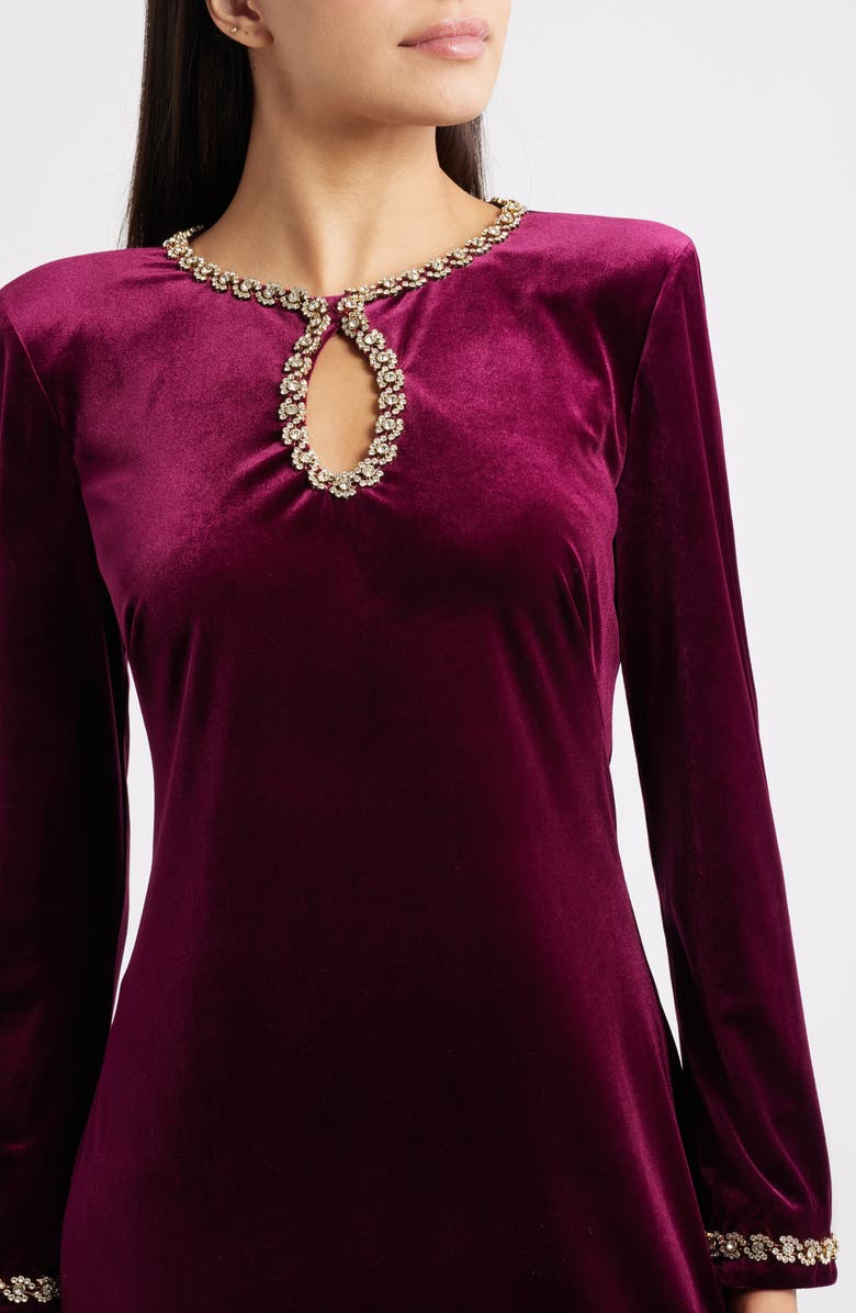Vince Camuto Beaded Keyhole Long Sleeve Velvet Dress, Alternate, color, Wine