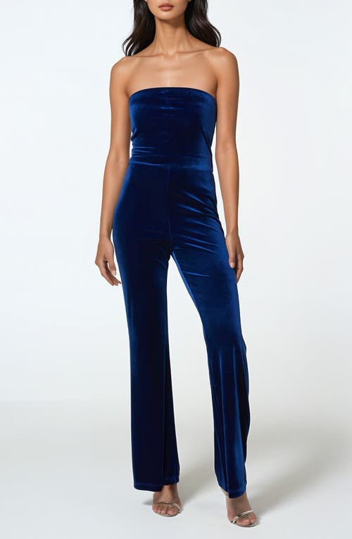 Bebe Strapless Velvet Jumpsuit In Sapphire