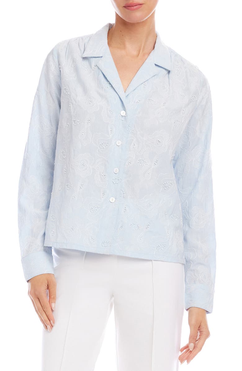 Karen Kane Embellished Button-Up Shirt, Main, color, Light Blue