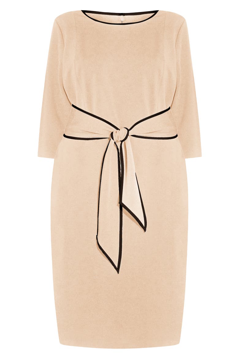 Tipped Tie Waist Crepe Dress, Alternate, color, ALABASTER/ BLACK