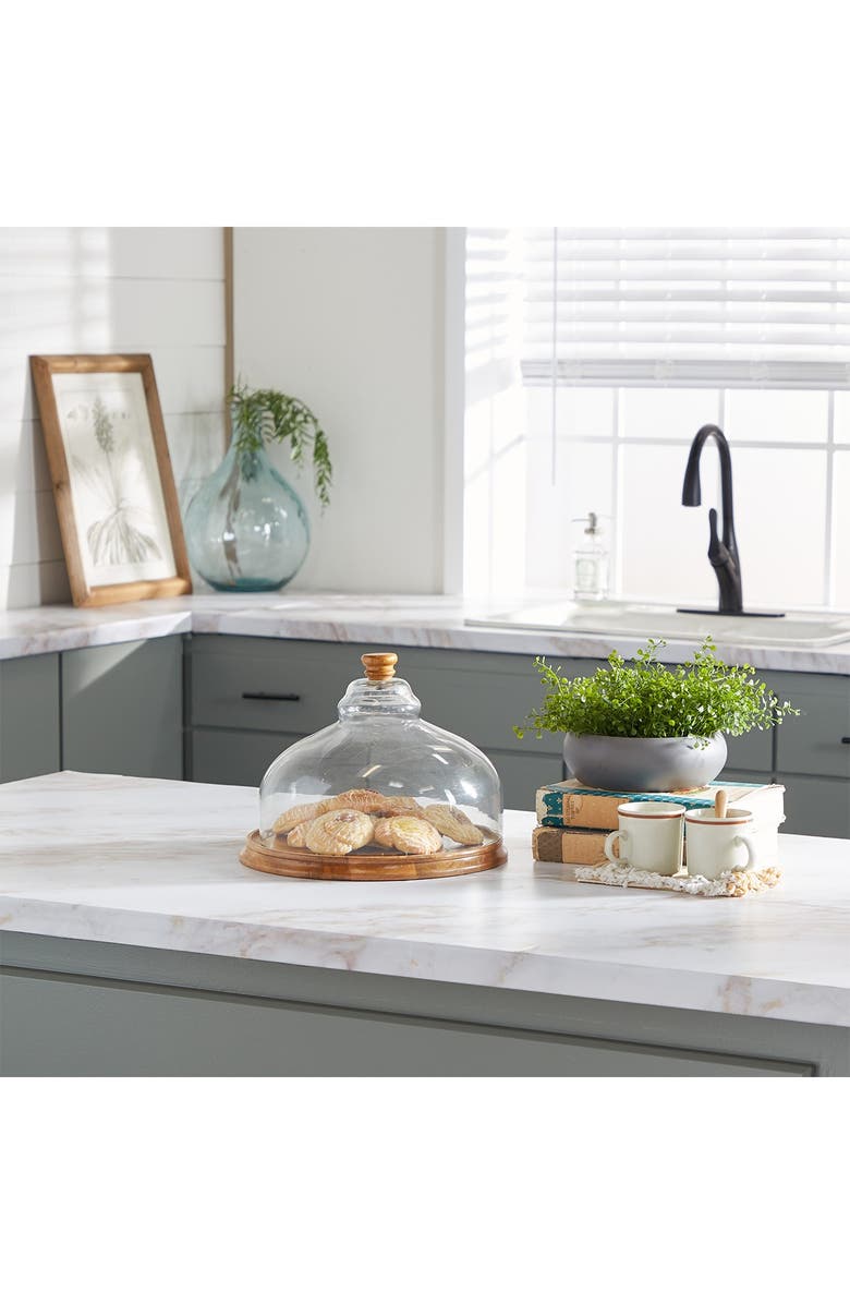 GINGER BIRCH STUDIO Brown Wood Cake Stand with Glass Lid, Alternate, color, Brown