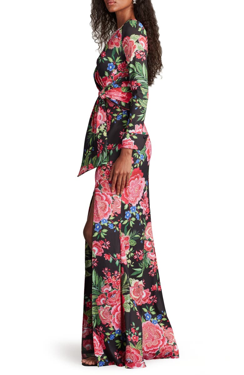 Tadashi Shoji Floral Long Sleeve Evening Gown, Alternate, color, Black/ Fuchsia Floral