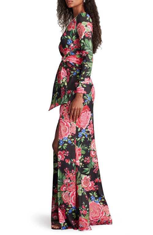Tadashi Shoji Floral Long Sleeve Evening Gown In Black/fuchsia Floral
